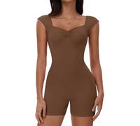 ECUPPER Women's Backless Yoga Jumpsuit all in one Gym Romper Short Unitards Workout Bodysuit Scrunch Bum Suit Sport Playsuits Coffee M