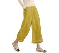 ECUPPER Womens Cotton Cropped Pants Loose Fit Wide Leg Capri Casual Plus Size Elastic Waist Trousers, Mustard, 10