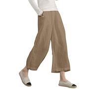 ECUPPER Women's Elastic High Waist Cotton Capri Pants Relaxed Loose Casual Cropped Trousers Khaki L