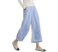 ECUPPER Women's Elastic High Waist Cotton Capri Pants Relaxed Loose Casual Cropped Trousers Light Blue 2XL