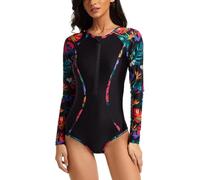 ECUPPER Womens Long Sleeve One Piece Rash Guards Zipper Swimsuit Printed Wetsuit Athletic Surf Swimwear Built in Bra Black-1 2XL