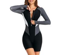 ECUPPER Womens Long Sleeve Rash Guard One Piece Swimsuit Zip Up Bathing Suit UV Protection Boyleg Surfing Suit Swimwear Built in Bra Grey Large