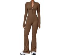 ECUPPER Womens Long Sleeve Yoga Jumpsuit Zip Up Gym Unitard Full Length Bodysuit Flared One Piece Romper Coffee XS
