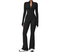 ECUPPER Womens Long Sleeve Yoga Jumpsuit Zip Up Gym Unitard Full Length Bodysuit Flared One Piece Romper Black L