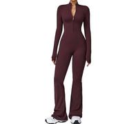 ECUPPER Womens Long Sleeve Yoga Jumpsuit Zip Up Gym Unitard Full Length Bodysuit Flared One Piece Romper Wine Red M