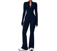 ECUPPER Womens Long Sleeve Yoga Jumpsuit Zip Up Gym Unitard Full Length Bodysuit Flared One Piece Yoga Romper Navy Blue M