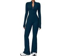 ECUPPER Womens Long Sleeve Yoga Jumpsuit Zip Up Gym Unitard Full Length Bodysuit Flared One Piece Yoga Romper Teal XS