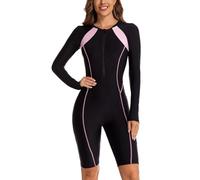 ECUPPER Womens One Piece Rash Guard Zip Up Swimsuit Long Sleeve Boyleg Athletic Surf Swimwear Short Wetsuit Built in Bra Black-4 Small