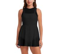 ECUPPER Womens One Piece Swim Dress High Neck Mesh Overlay Skirted Swimsuits Flowy Tummy Control Bathing Suit Built in Briefs Black M
