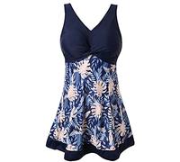 ECUPPER Womens One Piece Swimsuit Plus Size Swimwear Floral Printed Swimming Costume with Skirt Navy Leaf S