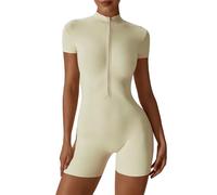 ECUPPER Womens One Piece Workout Jumpsuit Zip Up Short Sleeve Rompers Tummy Control Bodycon Gym Yoga Shorts Bodysuit Apricot XL