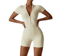 ECUPPER Womens One Piece Workout Jumpsuit Zip Up Short Sleeve Rompers Tummy Control Bodycon Gym Yoga Shorts Bodysuit Apricot XS