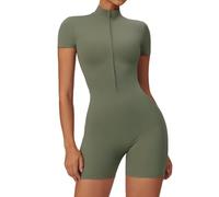 ECUPPER Womens One Piece Workout Jumpsuit Zip Up Short Sleeve Rompers Tummy Control Bodycon Gym Yoga Shorts Bodysuit Army Green XS