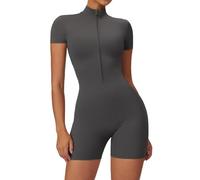 ECUPPER Womens One Piece Workout Jumpsuit Zip Up Short Sleeve Rompers Tummy Control Bodycon Gym Yoga Shorts Bodysuit Grey M