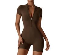 ECUPPER Womens One Piece Workout Jumpsuit Zip Up Short Sleeve Rompers Tummy Control Bodycon Gym Yoga Shorts Bodysuit Coffee L