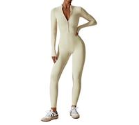 ECUPPER Womens One Piece Workout Jumpsuits Zip Up Bodysuit Long Sleeve Yoga Rompers Full Length Sports Gym Shapewear Apricot XS