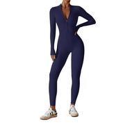 ECUPPER Womens One Piece Workout Jumpsuits Zip Up Bodysuit Long Sleeve Yoga Rompers Full Length Sports Gym Shapewear Navy Blue S