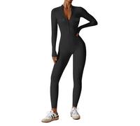 ECUPPER Womens One Piece Workout Jumpsuits Zip Up Bodysuit Long Sleeve Yoga Rompers Full Length Sports Gym Shapewear with Black Pocket S