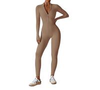 ECUPPER Womens One Piece Workout Jumpsuits Zip Up Bodysuit Long Sleeve Yoga Rompers Full Length Sports Gym Shapewear Khaki S