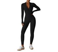 ECUPPER Womens One Piece Workout Jumpsuits Zip Up Bodysuit Long Sleeve Yoga Rompers Full Length Sports Gym Shapewear Black M