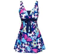 ECUPPER Womens Plus Size Skirted Swimsuit Floral Printed Swimwear Padded Swim Suit Dress with Boy Shorts Dark Blue 4XL