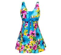ECUPPER Womens Plus Size Skirted Swimsuit Floral Printed Swimwear Padded Swim Suit Dress with Boy Shorts Lake Blue Flower 4XL