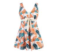 ECUPPER Womens Plus Size Swimsuit One Piece Skirted Swimwear Tummy Control Swimming Costume with Shorts Cream Coral Tropical Leaf 22-24