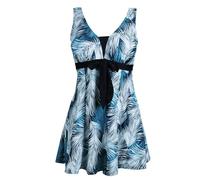 ECUPPER Womens Plus Size Swimsuit One Piece Skirted Swimwear Tummy Control Swimming Costume with Shorts Turquoise Leaf 34-36