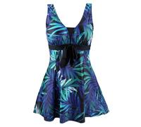 ECUPPER Womens Plus Size Swimsuit One Piece Skirted Swimwear Tummy Control Swimming Costume with Shorts Green Leaf 8-10