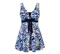ECUPPER Womens Plus Size Swimsuit One Piece Skirted Swimwear Tummy Control Swimming Costume with Shorts Midnight Blue Floral Cluster 22-24