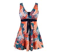 ECUPPER Womens Plus Size Swimsuit One Piece Skirted Swimwear Tummy Control Swimming Costume with Shorts Navy Orange Fern Leaf 22-24