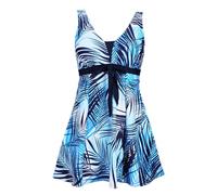 ECUPPER Womens Plus Size Swimsuit One Piece Skirted Swimwear Tummy Control Swimming Costume with Shorts Sapphire Leaf 8-10