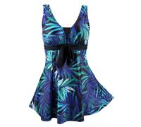 ECUPPER Womens Plus Size Swimsuit One Piece Skirted Swimwear Tummy Control Swimming Costume with Shorts Green Leaf 12-14