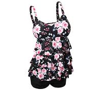 ECUPPER Women's Plus Size Tankini Sets Two Piece Floral Printed Swimsuits Ruffle Swimming Costume with Boyshorts Pink Floral 3XL