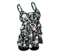 ECUPPER Women's Plus Size Tankini Sets Two Piece Floral Printed Swimsuits Ruffle Swimming Costume with Boyshorts Black Leaf 2XL