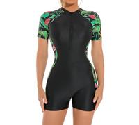 ECUPPER Womens Short Sleeve Rash Guard One Piece Swimsuit Zipper Wetsuit Swimwear Surfing Suit with Boyleg Green Leaf