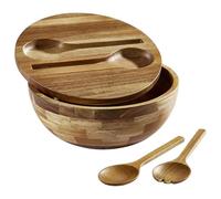 ECWAY Acacia Wooden Salad Bowl with Lid, Built-in Acacia Wood Utensils, 10.5" Large Wood Serving Bowl for Fruits, Salads, and Vegetables, Big Wood Salad Bowl Set 4-Piece, All-in-One Design