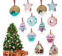 ECZOIL 24 Sets Gingerbread House Peppermint Candy Cookies Donut Cupcake Wooden Ornaments with Red Ribbons and Hemp Rope Two Types of Lines Rustic Christmas House