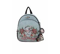 ED HARDY Denim Mini Backpack for Women - Embroidered Skull & Roses Design, Studded Detail, Adjustable Straps, Compact Bag, Blue Denim-love Kills Slowly, M, Classic, Trendy, Dressy, Casual