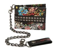 ED HARDY Dragon & Skull Print Logo Pyramid Studs with Biker Chain Strap Bifold Wallet