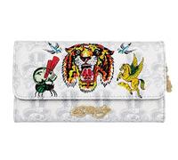 ED HARDY Embellished Tiger Foldover Wallet, Skull & Pegasus Rhinestone Organizer Wallet for Women, Y2K Tattoo Style Clutch Wallet (Ghost Mirage White)