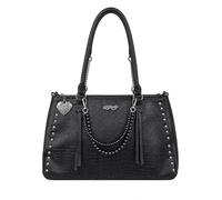 Ed Hardy Embossed Logo Tote Shoulder Bag with Studded Sides & Beaded Chain Accent, Large Zip Top Purse for Women, 15x9 in (Midnight Rebel Black)