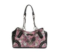ED HARDY Hazel Large Satchel, Pink and Black, Skull Tattoo Print with Croc Embossed Accents, Chain Handles, Studded Details, 14.5x8 Inch