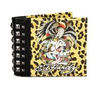 ED HARDY Leopard Skull Print Logo Metal Stud Bifold Wallet