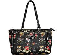 ED HARDY Love Kills Slowly Tote Bag Women's Handbag Black | Tattoo Print, 12" Handle Drop, 30x23x13 cm, Grommet Detail, Zip Closure