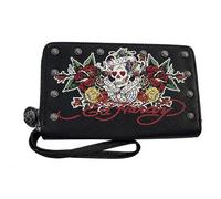 ED HARDY Love Kills Slowly Zip Around Wristlet Wallet for Women, Skull Rose Graphic Organizer Clutch with RFID Style Card Slots & Wrist Strap, 8 x 5 Inch (Black)