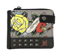 ED HARDY Love & Roses Print with Pyramid Studs and Snap Closure Bifold Wallet