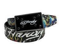ED HARDY Men's Dragon Tattoo Print with Rivet Studs 38mm Plaque Buckle Belt, Black, 38