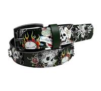 ED HARDY Men's Skull Tattoo Print with Chain Studs 38mm Belt, Olive, 32