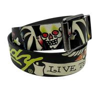 ED HARDY Men's Tattoo Print Graphic Twist Reversible Belt, Live to Ride-black/Gray, 38